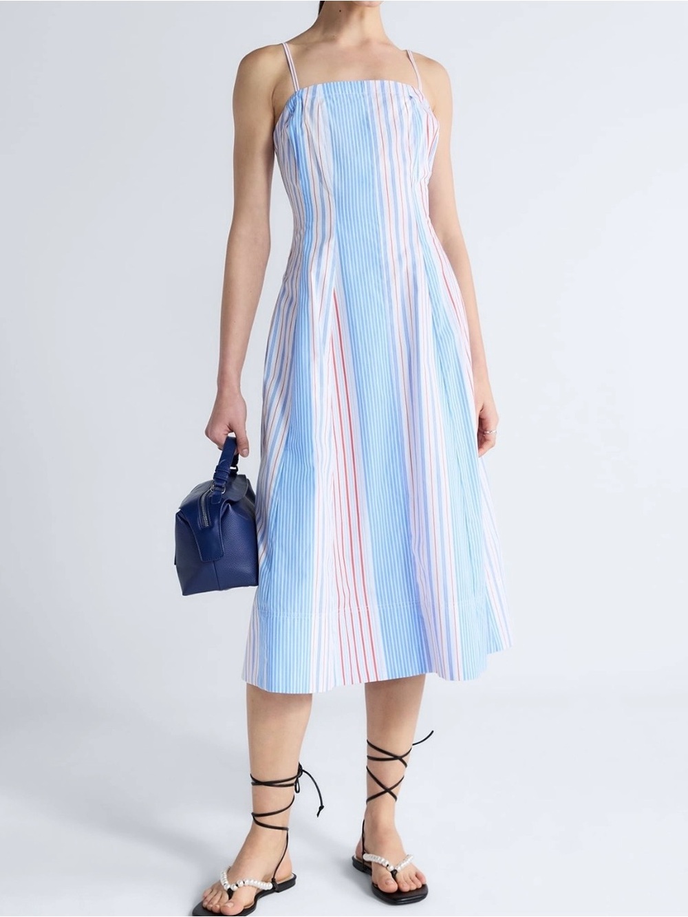 Free Assembly Striped Blue & Red Midi Spaghetti Strap Dress Small